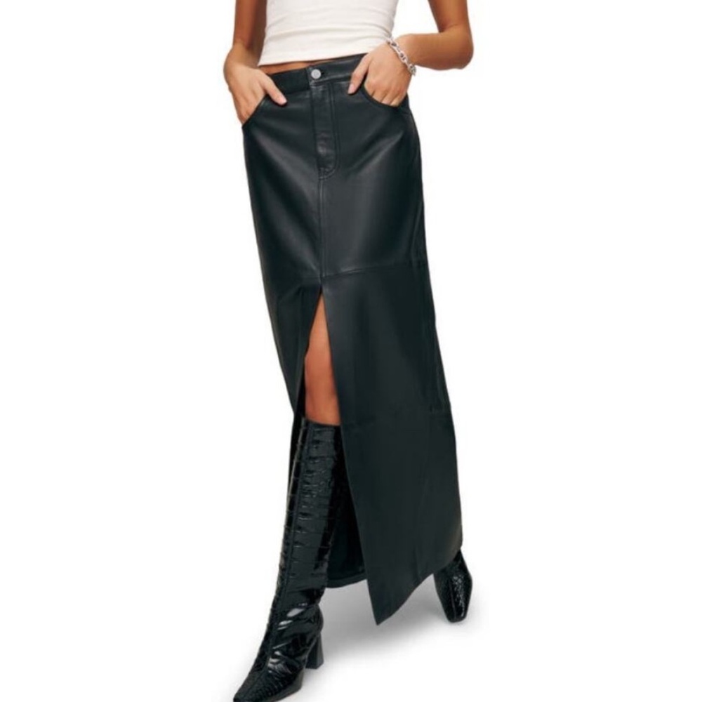 Reformation Tazz black leather maxi skirt with slit genuine 100% leather